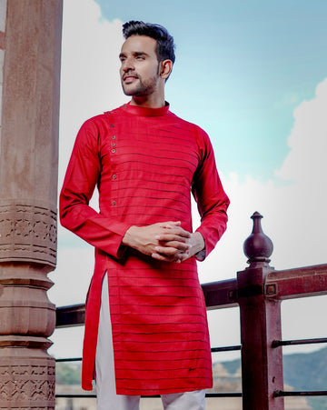 Red Pintuck Linen Kurta
